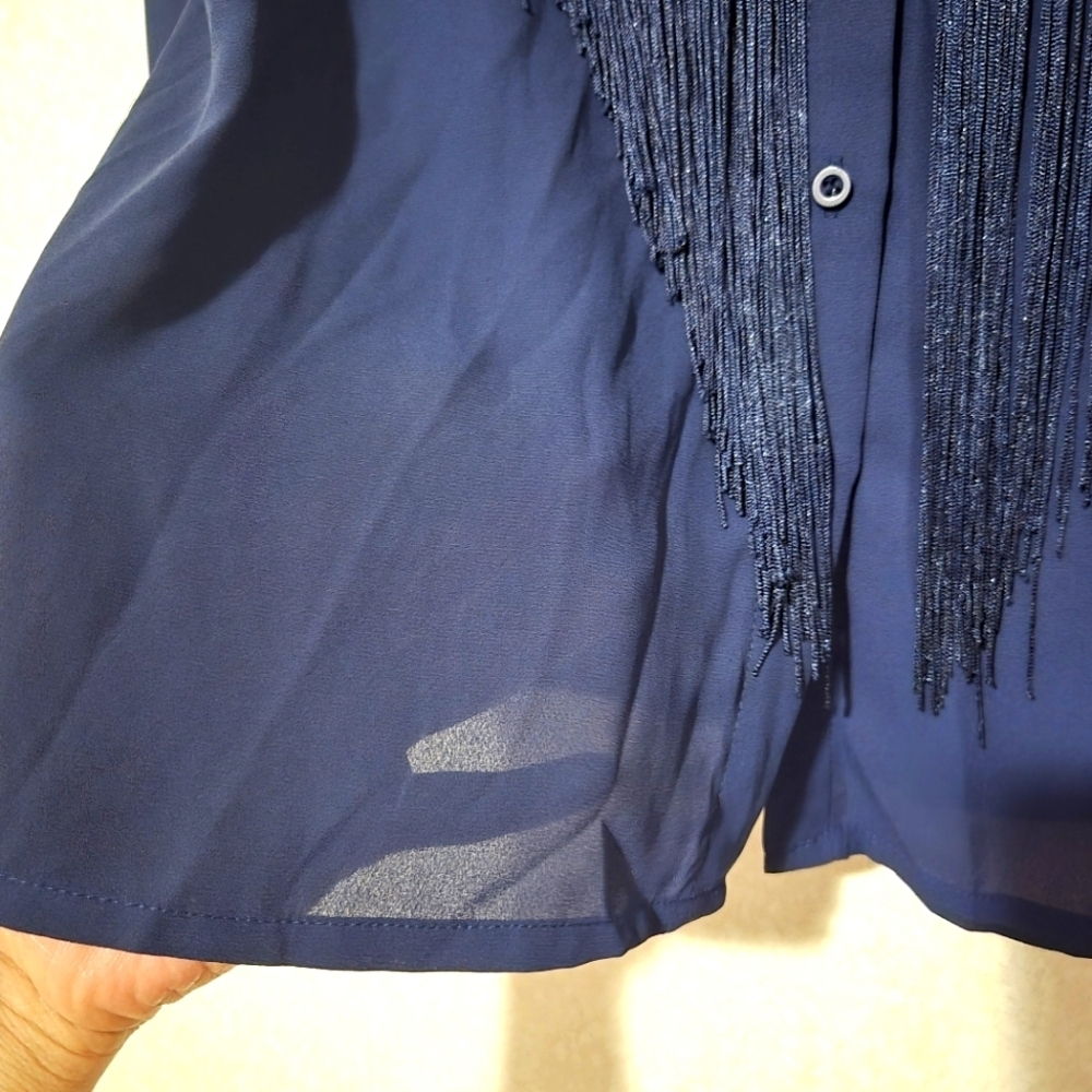 NEW...Chic Navy Fringe Button-Up Shirt..SIZE:L - Picture 7 of 13